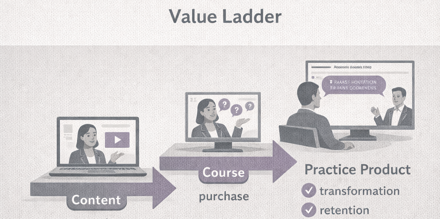 Value ladder graphic showing a horizontal progression from Content to Course to Practice Product. Content is associated with reach, Course with purchase, and Practice Product with transformation, retention, referrals, and subscriptions.